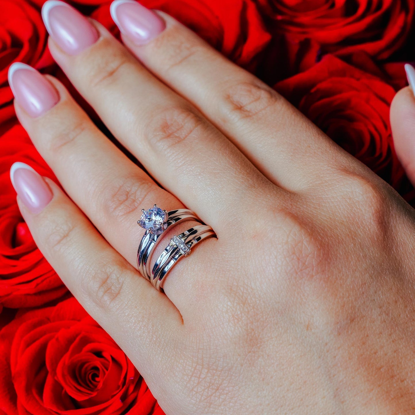 Silver 925 Rhodium Plated Double Stackable Ring with CZ - GMR00267