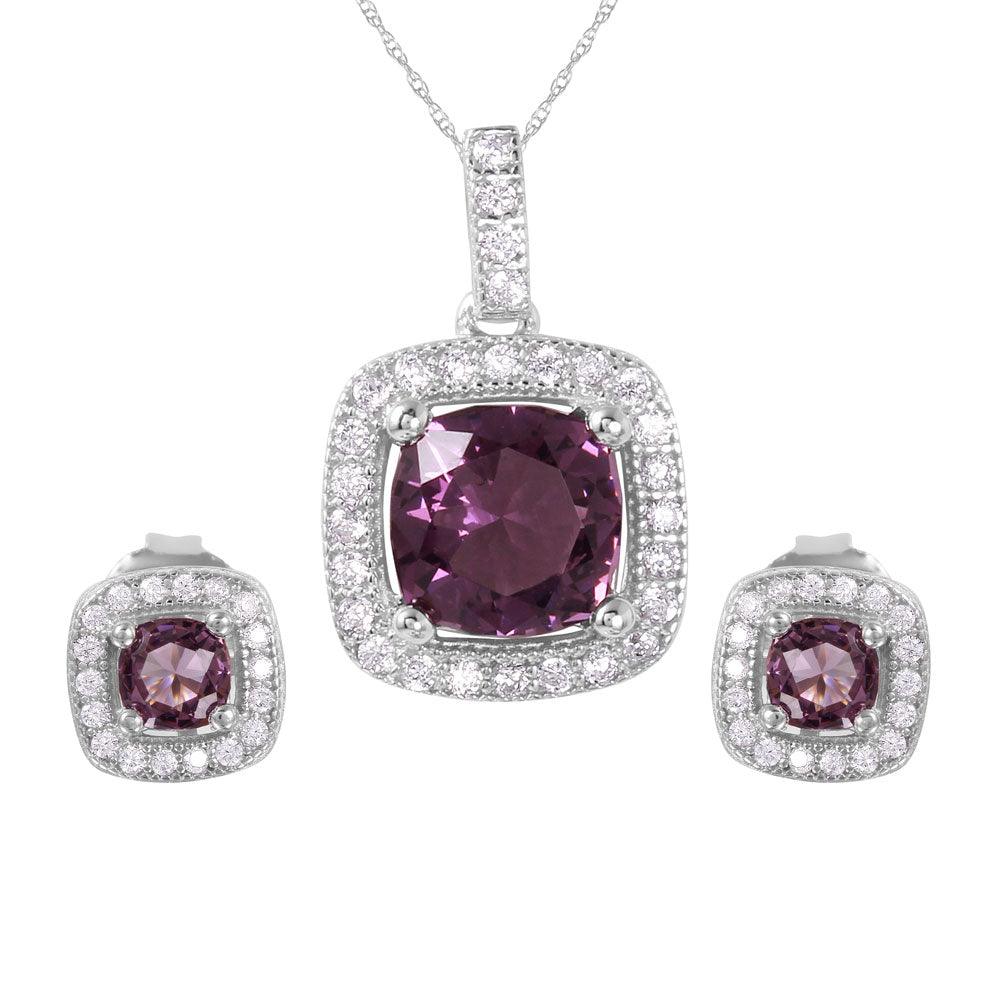 Silver 925 Rhodium Plated Square Purple CZ Set - GMS00020RH-FEB | Silver Palace Inc.