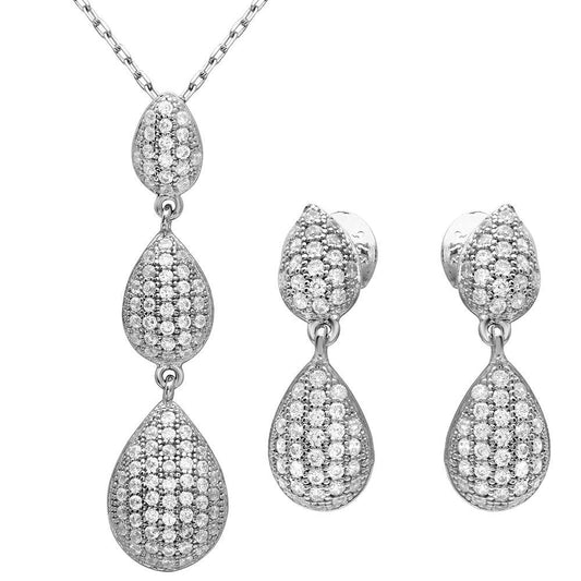 Silver 925 Rhodium Plated CZ Encrusted Teardrop Set - GMS00022RH | Silver Palace Inc.