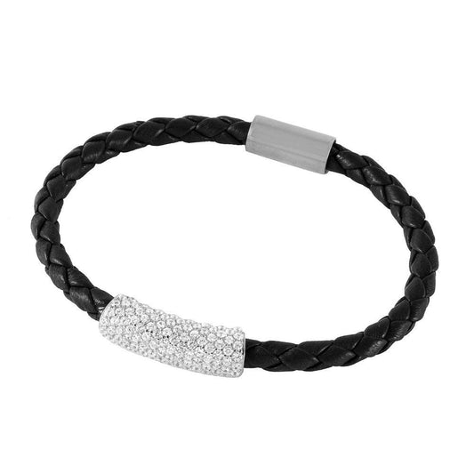 Closeout-SIlver 925 Rhodium Plated CZ Bar Italian Leather Bracelet - ITB00142RH-BLK | Silver Palace Inc.