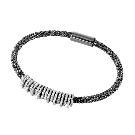 Closeout-Silver 925 Black Rhodium Plated CZ High-Low Pave Bar Italian Bracelet - ITB00152BLK-RHD | Silver Palace Inc.