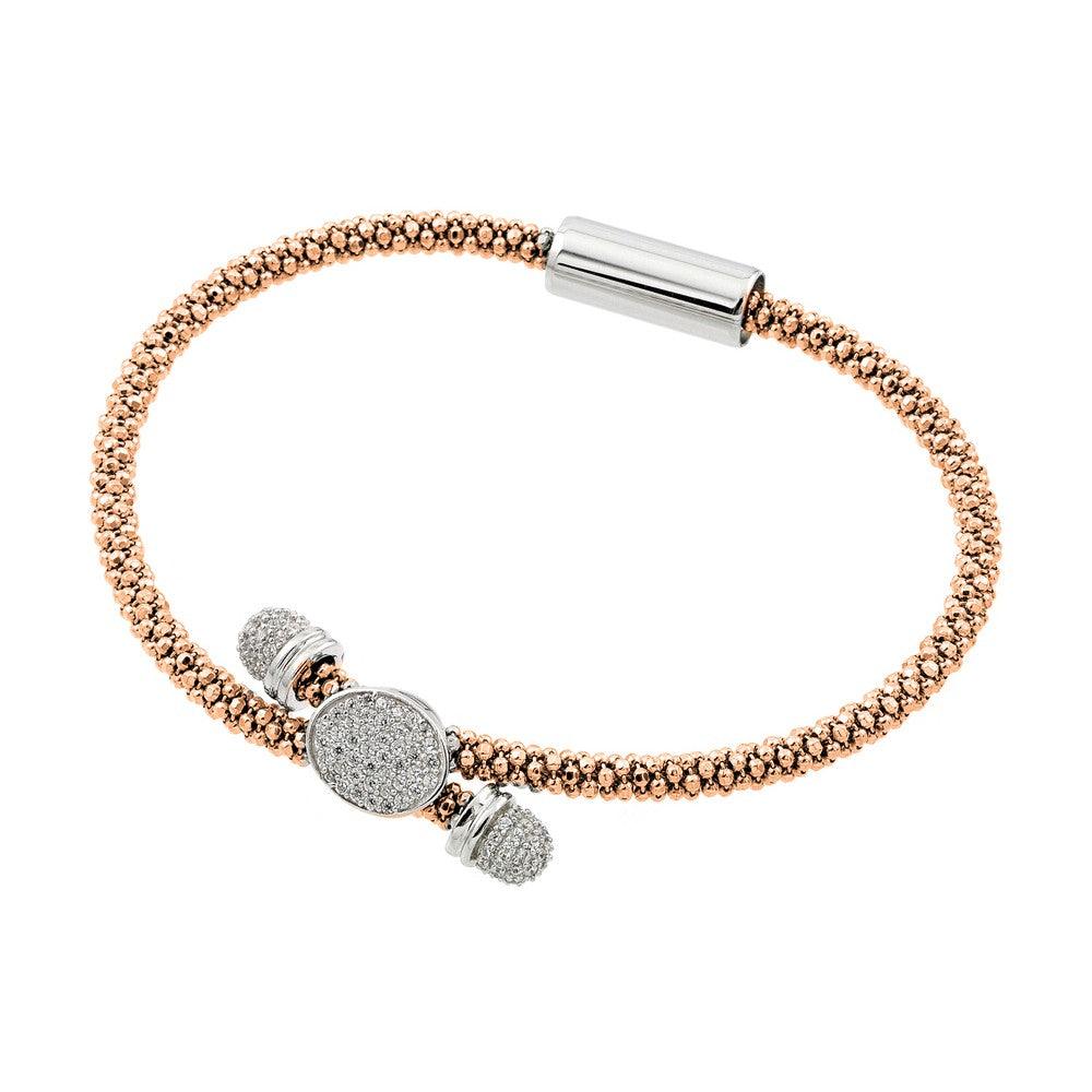 Closeout-Silver 925 Rhodium and Rose Gold Plated Circle Micro Pave Clear CZ Beaded Italian Bracelet - ITB00170RGP | Silver Palace Inc.