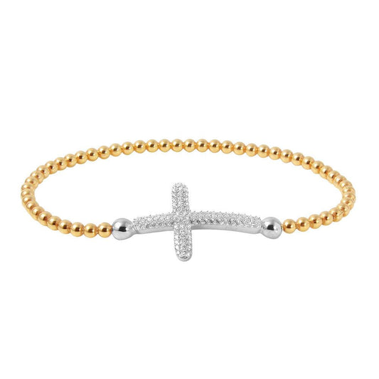 Closeout-Silver 925 Gold Plated Beaded Italian Bracelet with CZ Encrusted Cross - ITB00195GP-RH | Silver Palace Inc.