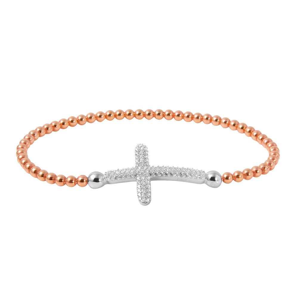 Closeout-ilver 925 Rose Gold Plated Beaded Italian Bracelet with CZ Encrusted Cross - ITB00195RGP-RH | Silver Palace Inc.