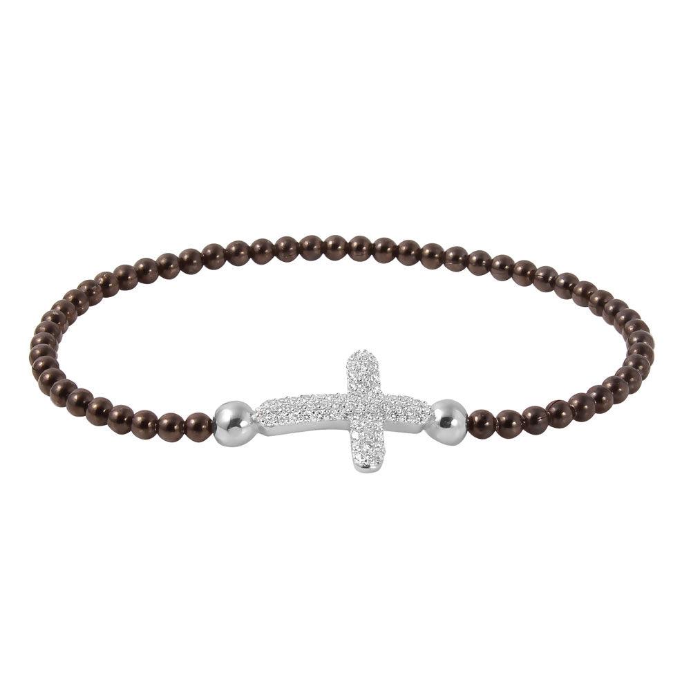 Closeout-Silver 925 Black Rhodium Plated Beaded Italian Bracelet With CZ Encrusted Cross - ITB00196BLK | Silver Palace Inc.