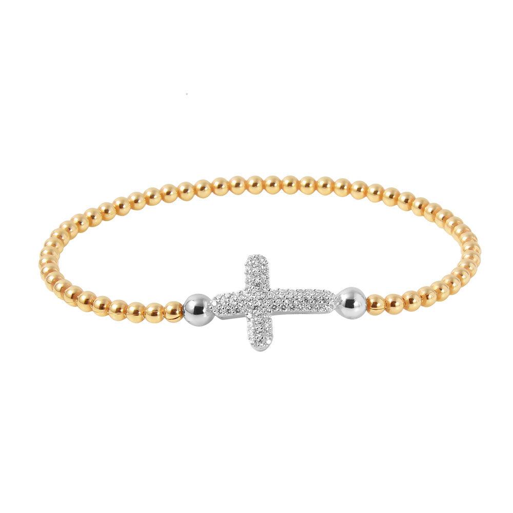 Closeout-Silver 925 Gold Plated Beaded Italian Bracelet with CZ Encrusted Cross - ITB00196GP-RH | Silver Palace Inc.