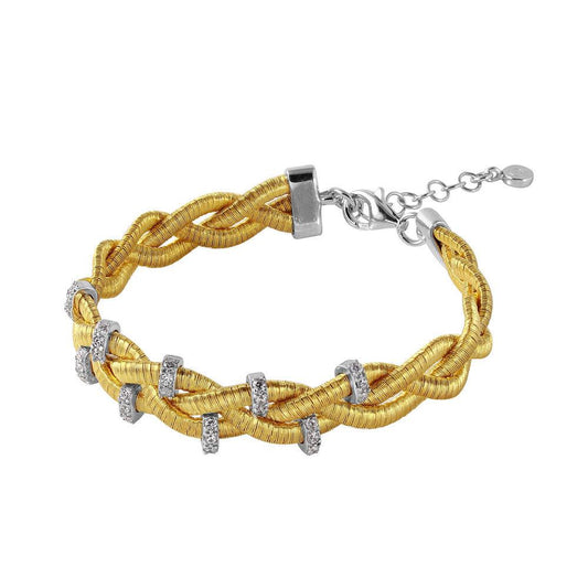 Silver 925 Gold Plated Braided Italian Bracelet with Small CZ Bar Accents - ITB00208GP-RH | Silver Palace Inc.