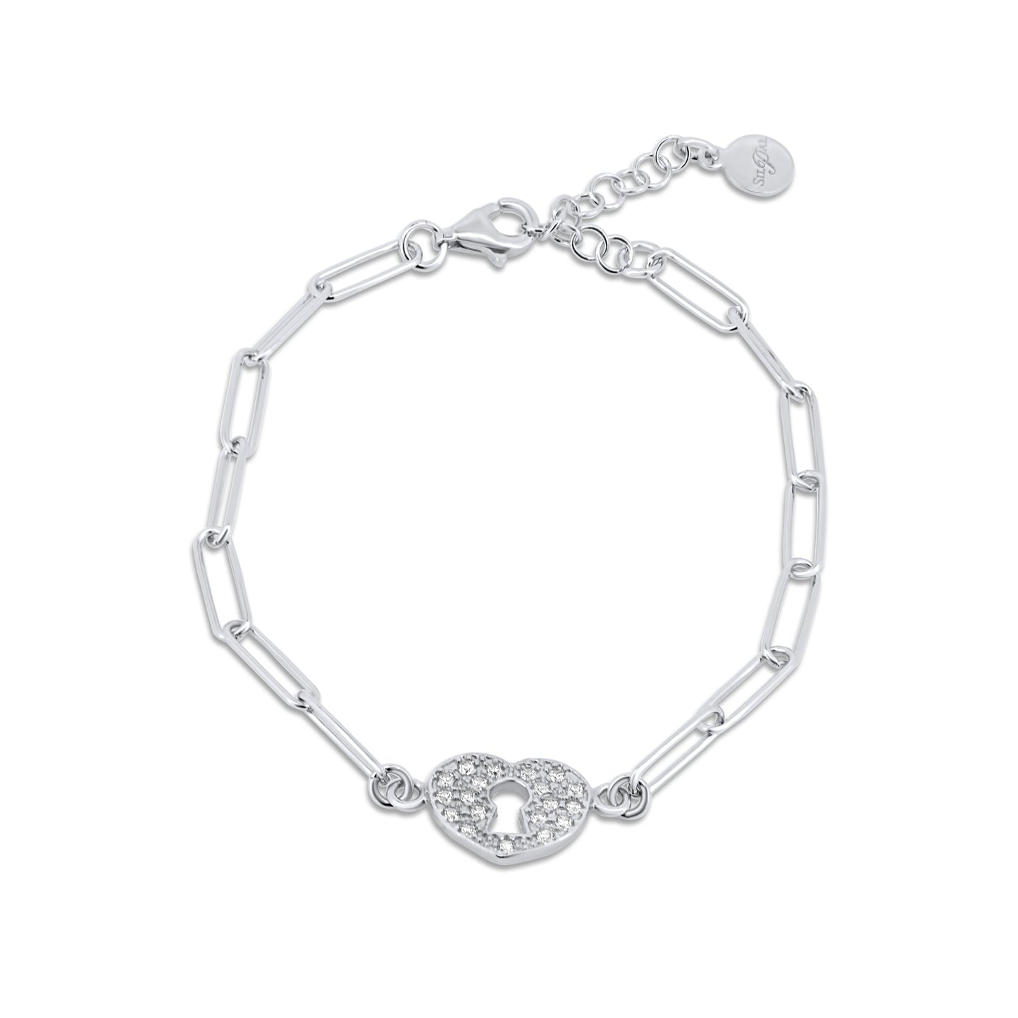 Silver 925 Rhodium Plated Paperclip Clear CZ Heart Lock Adjustable Bracelet - ITB00335-RH