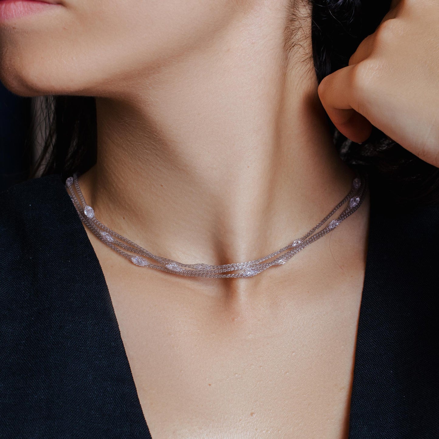 Silver 925 Rhodium Plated Triple Strand Mesh Necklace Filled with Marquise CZ - ITN00050RH