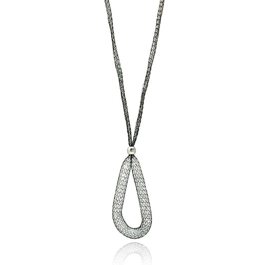 Closeout-Silver 925 Black Rhodium Plated Mesh Necklace and Dropped Mesh Teardrop with Filled CZ - ITN00077BLK | Silver Palace Inc.