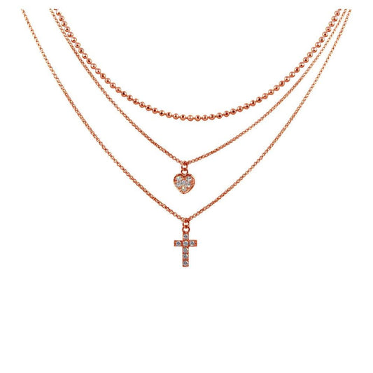 Silver 925 Rose Gold Plated Triple Chain Heart and Cross Necklace with CZ - ITN00123RGP | Silver Palace Inc.
