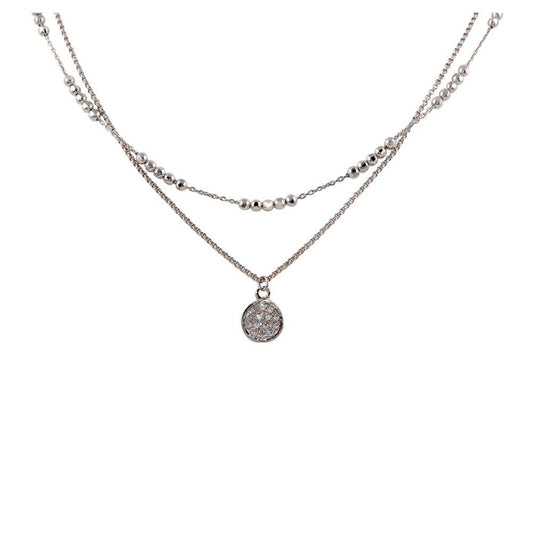 Silver 925 Rhodium Plated Double Chain Disc Necklace with Beads and CZ - ITN00125RH | Silver Palace Inc.