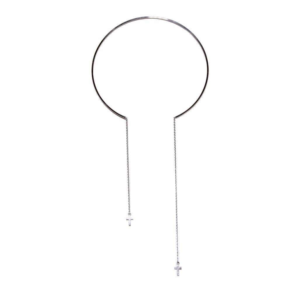Silver 925 Cuff Wire Necklace with Asymmetrical Dangling Cross - ITN00129RH | Silver Palace Inc.