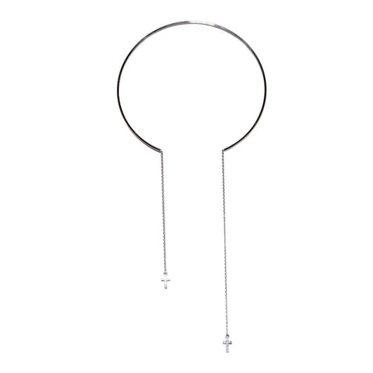 Silver 925 Cuff Wire Necklace with Asymmetrical Dangling Cross - ITN00129RH | Silver Palace Inc.