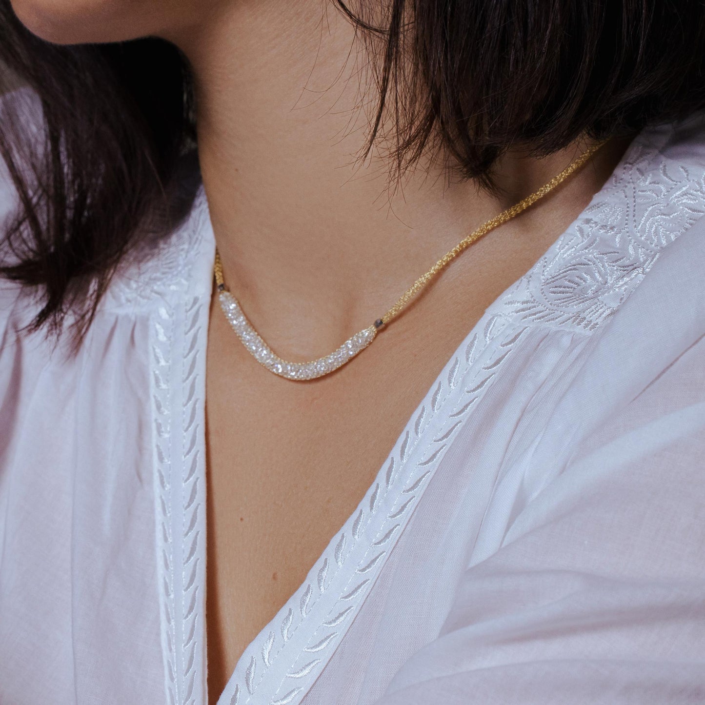 Silver 925 Gold Plated Mesh Necklace Filled with CZ - ITN00024GP