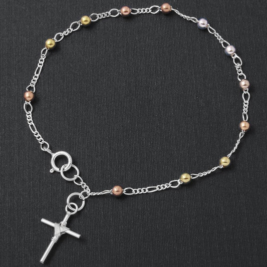 Silver 925 High Polished 3 Toned Beads with Tied Up Cross Rosary Bracelet - RSB07TR-3MM | Silver Palace Inc.