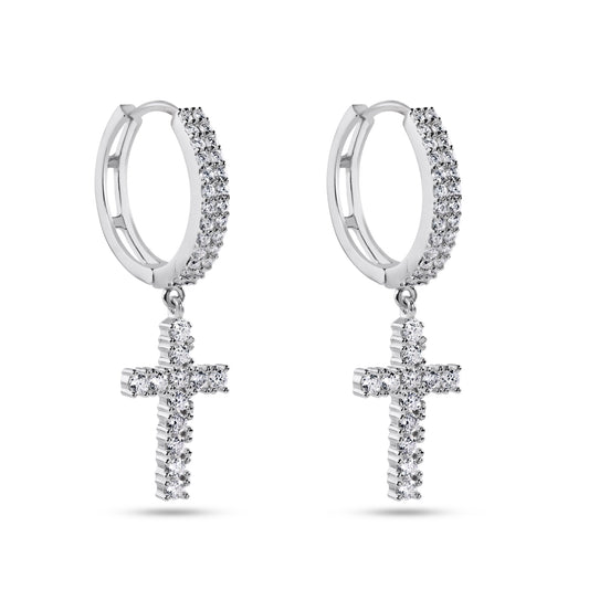Sterling Silver 925 Rhodium Plated Moissanite Cross Hoop Earring - MGME00037