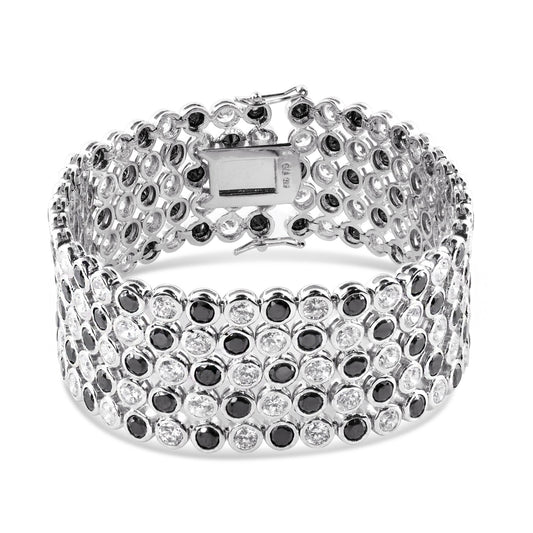 Silver 925 Rhodium Plated 4 Row Round Blk - Clr Bubble Bracelet - STBM043