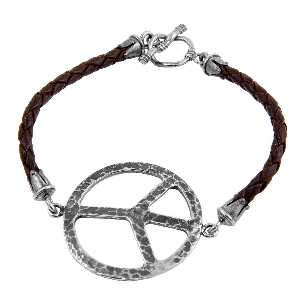 Closeout-Silver 925 Oxidized Peace Sign on a Leather Strap Bracelet - OXB00012 | Silver Palace Inc.