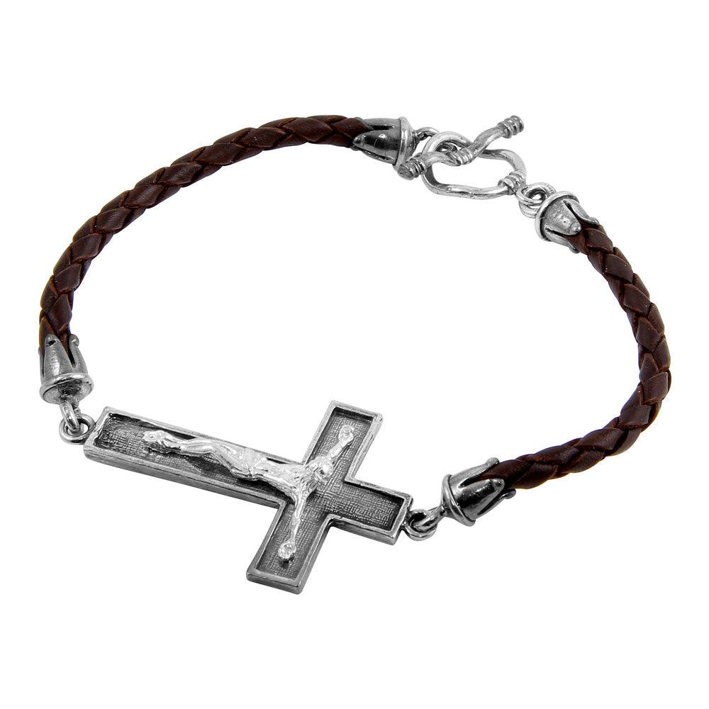 Closeout-Silver 925 Oxidized Cross on a Leather Strap Bracelet - OXB00014 | Silver Palace Inc.