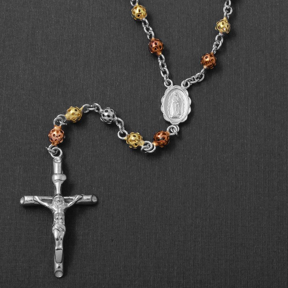 Silver 925 High Polished 3 Toned Filigree Rosary with Open Bar Separator 4mm - ROS16-4MM | Silver Palace Inc.