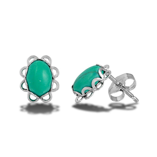 Silver 925 Rhodium Plated Turquoise Oval Bead Stud Earring with Floral Design - SCE00002 | Silver Palace Inc.