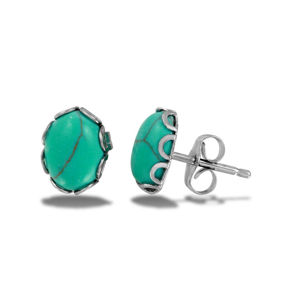 Silver 925 Rhodium Plated Oval Turquoise Bead Stud Earring - SCE00003 | Silver Palace Inc.