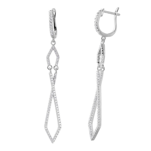Silver 925 Rhodium Plated Dangling Open Square CZ huggie hoop Earrings - ACE00099RH | Silver Palace Inc.
