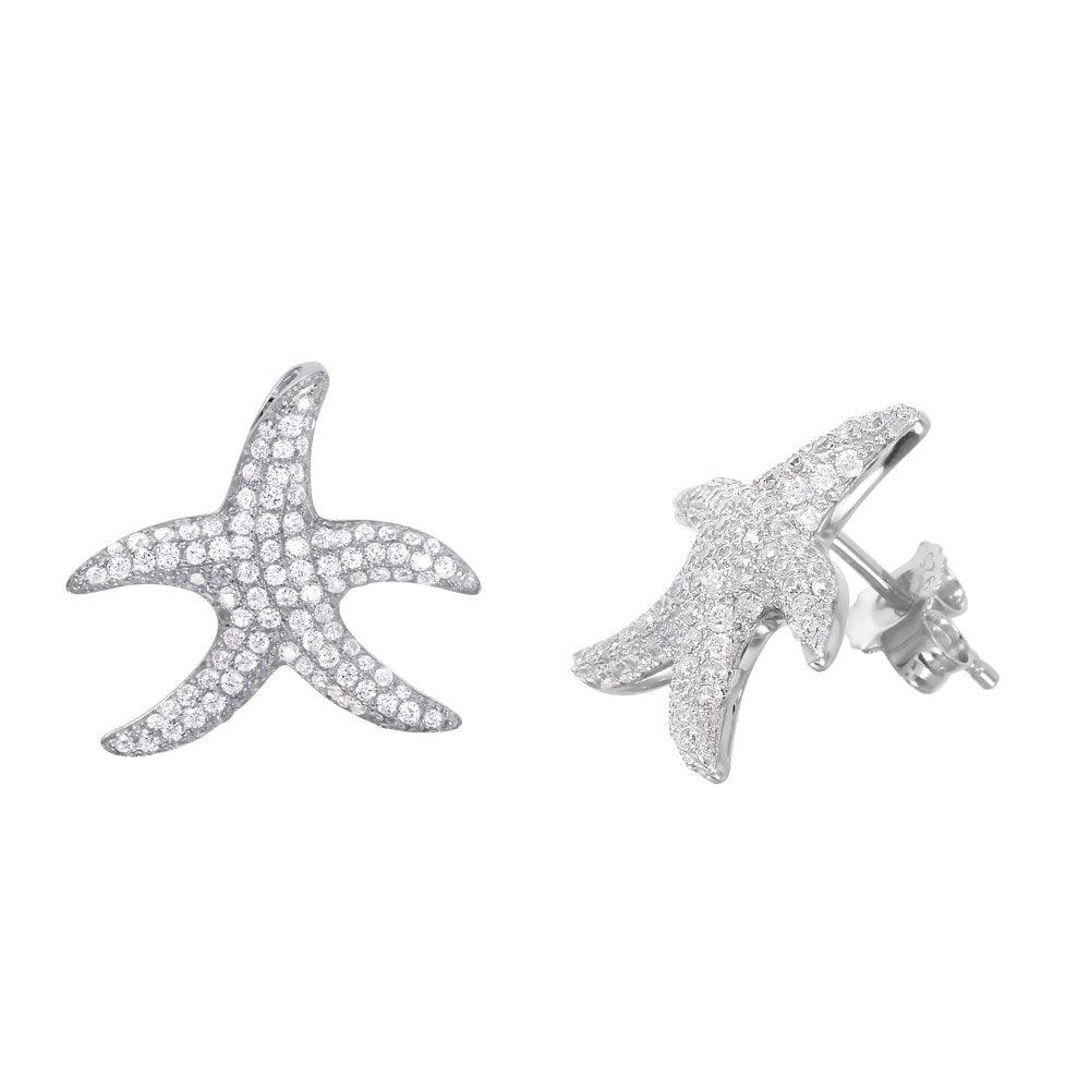 Silver 925 Rhodium Plated Starfish CZ Studded Earrings - ACE00105RH | Silver Palace Inc.