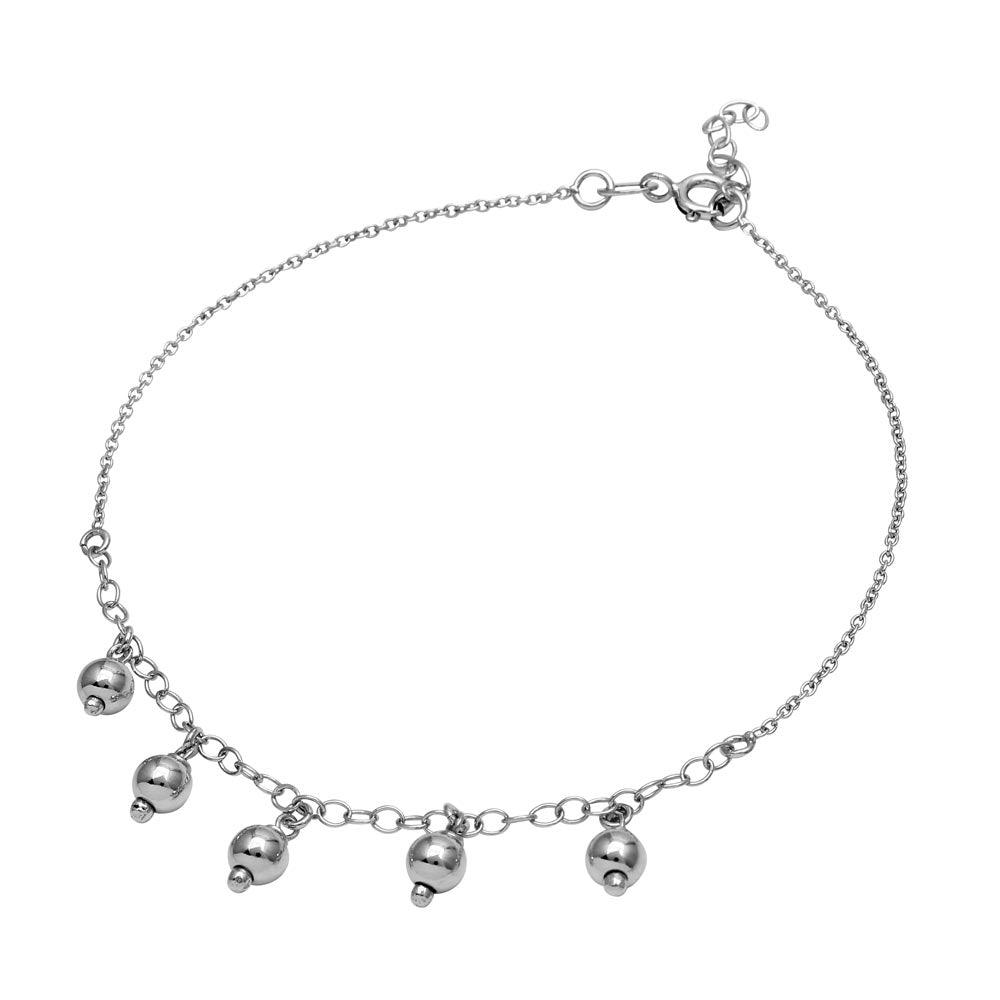 Silver 925 Rhodium Plated 5 Dangling Bead Anklet - SOA00010 | Silver Palace Inc.