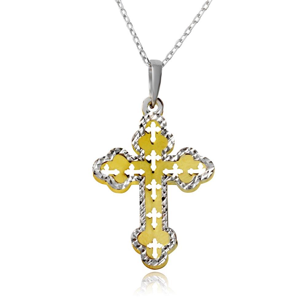 Silver 925 Gold and Rhodium Plated Double Cross Necklace - SOP00001 | Silver Palace Inc.