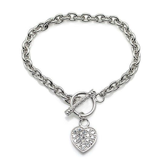 Silver 925 Rhodium Plated Clear CZ Heart Bracelet - STB00026 | Silver Palace Inc.