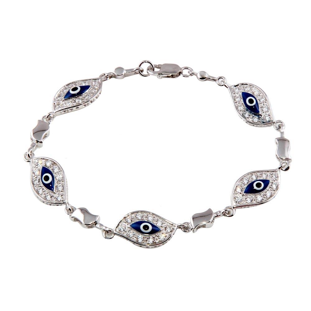 Silver 925 Rhodium Plated Evil Eye Clear CZ Bracelet - STB00272 | Silver Palace Inc.