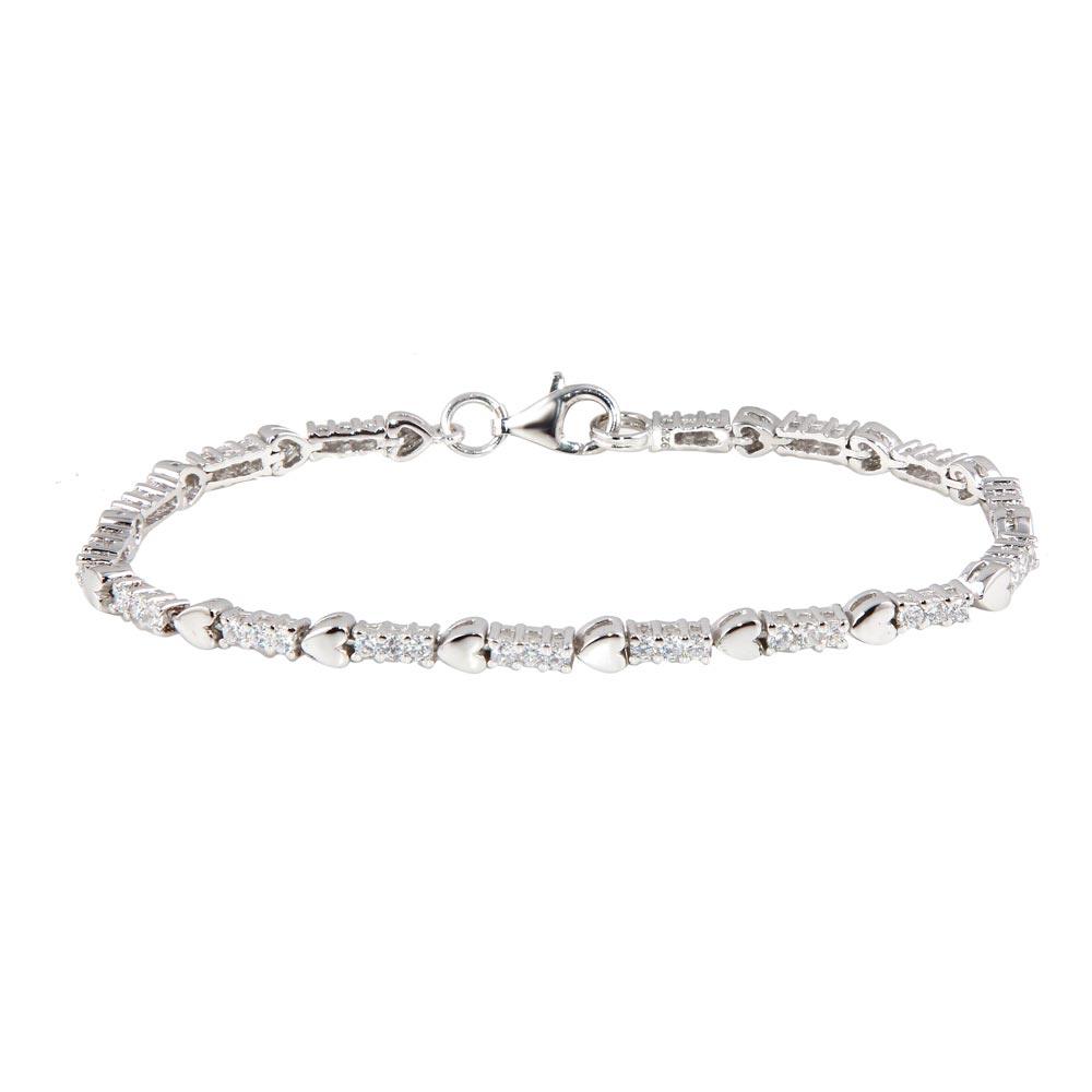 Silver 925 Rhodium Plated Heart Clear CZ Bracelet - STB00285 | Silver Palace Inc.