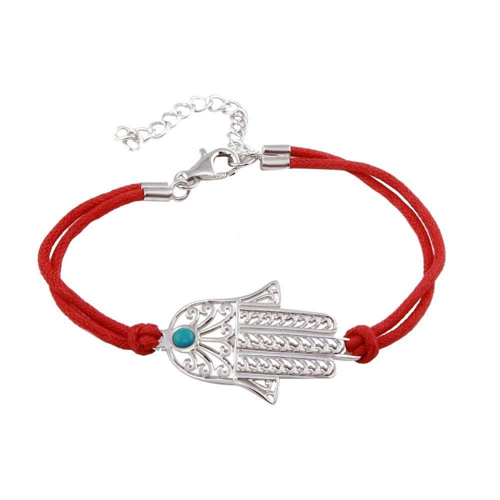 Silver 925 Rhodium Plated Filigree Hamsa Red Cord Bracelet - STB00350 | Silver Palace Inc.