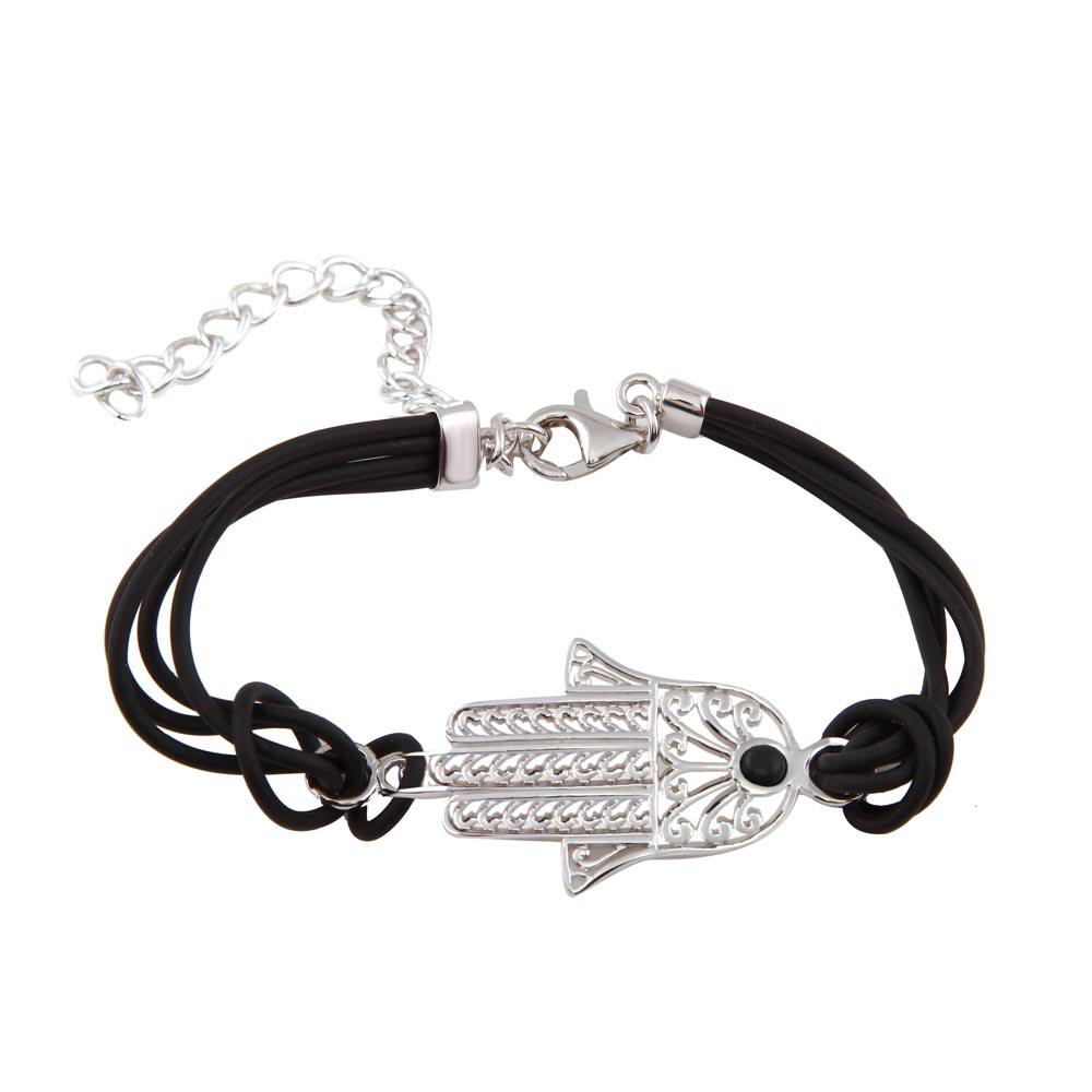 Silver 925 Rhodium Plated Filigree Hamsa Black Cord Bracelet - STB00357 | Silver Palace Inc.