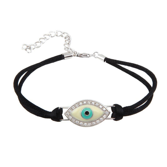 Silver 925 Rhodium Plated Small Evil Eye Clear CZ Black Cord Bracelet - STB00412 | Silver Palace Inc.