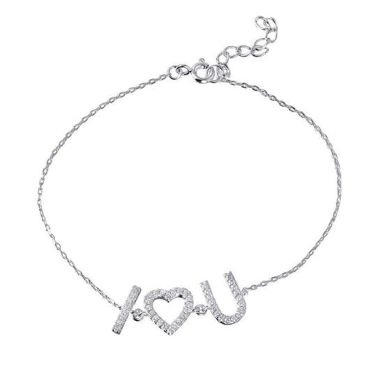 Silver 925 Rhodium Plated CZ 'I [heart] U' Bracelet - STB00521 | Silver Palace Inc.