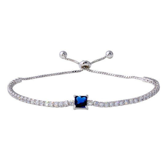 Silver 925 Rhodium Plated Round CZ Lariat Bracelet with Blue CZ Square Center - STB00547BLU | Silver Palace Inc.