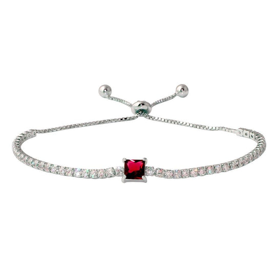 Silver 925 Rhodium Plated Round CZ Lariat Bracelet with Red CZ Square Center - STB00547RED | Silver Palace Inc.