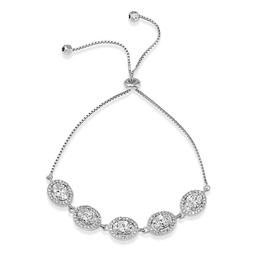 Silver 925 Rhodium Plated 5 Micro Pave Clear Oval and Clear Round CZ Lariat Bracelet - STB00548CZ | Silver Palace Inc.