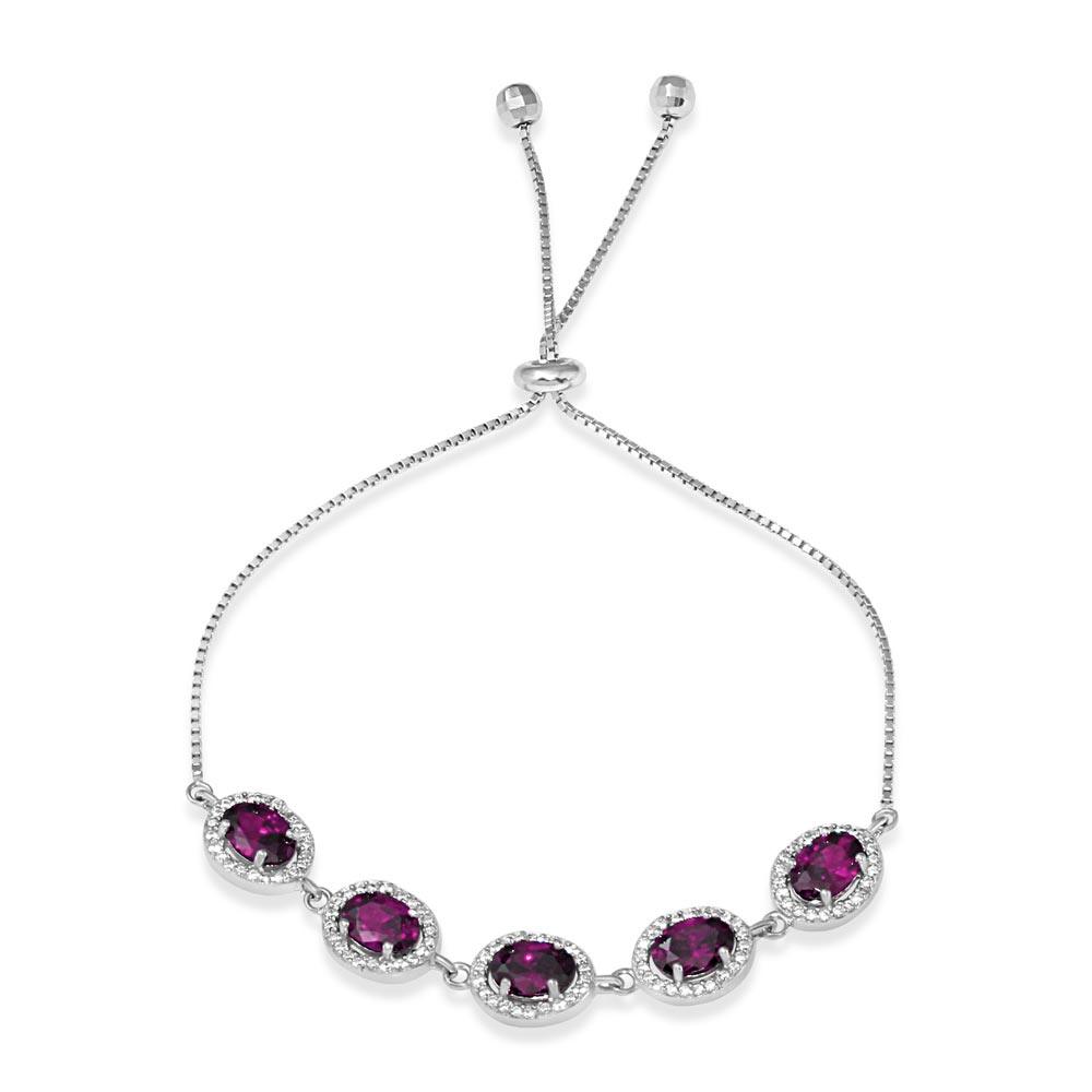 Silver 925 Rhodium Plated 5 Micro Pave Purple Oval and Clear Round CZ Lariat Bracelet - STB00548PUR | Silver Palace Inc.