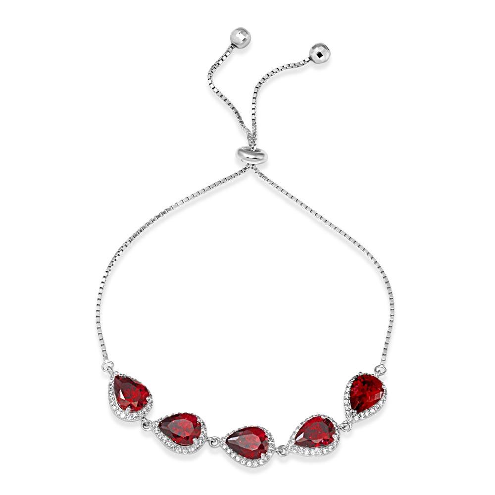 Sterling Silver Rhodium Plated 5 Micro Pave Red Pear and Clear Round CZ Lariat Bracelet - STB00549RED