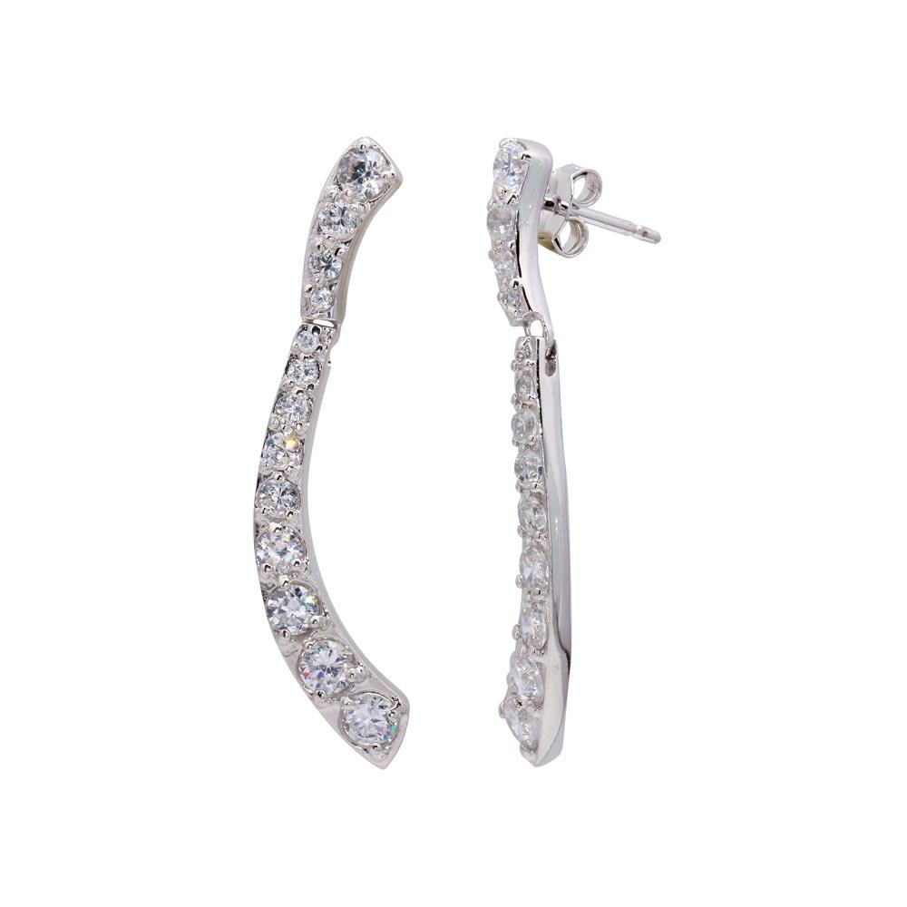 Silver 925 Rhodium Plated CZ Long Thin Curvy Earrings - STE00027 | Silver Palace Inc.