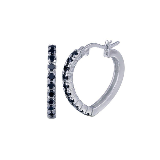 Closeout-Silver 925 Rhodium Plated Black Half Eternity CZ Heart Hoop Earrings - STE00031BLK | Silver Palace Inc.