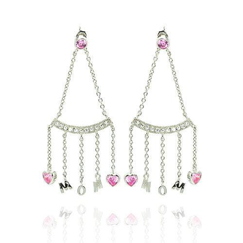 Closeout-Silver 925 Rhodium Plated Dangling Hearts Mom Earrings - STE00116 | Silver Palace Inc.