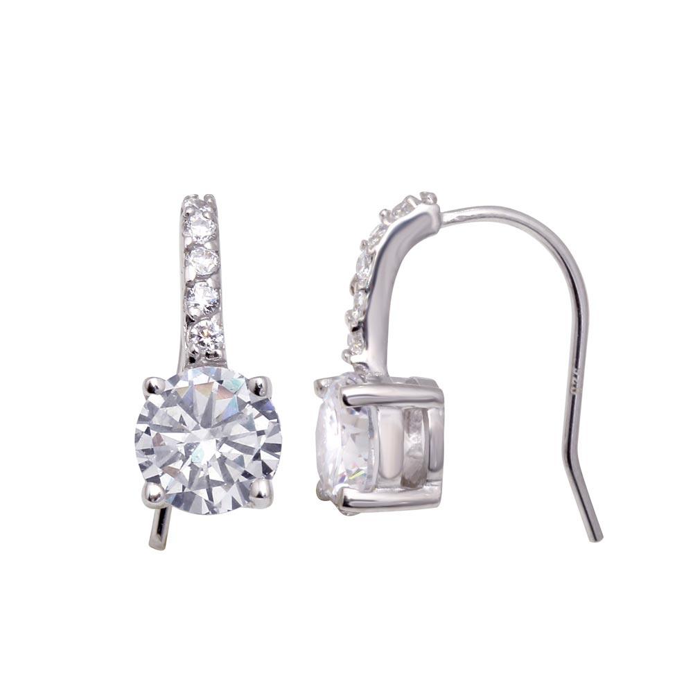 Silver 925 Rhodium Plated Round CZ Curved Hook Earrings - STE00177 | Silver Palace Inc.