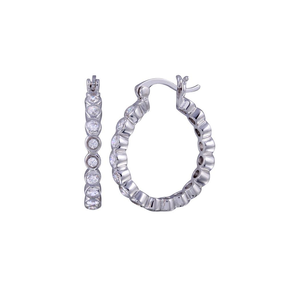 Silver 925 Rhodium Plated Round CZ huggie hoop Earrings - STE00287 | Silver Palace Inc.