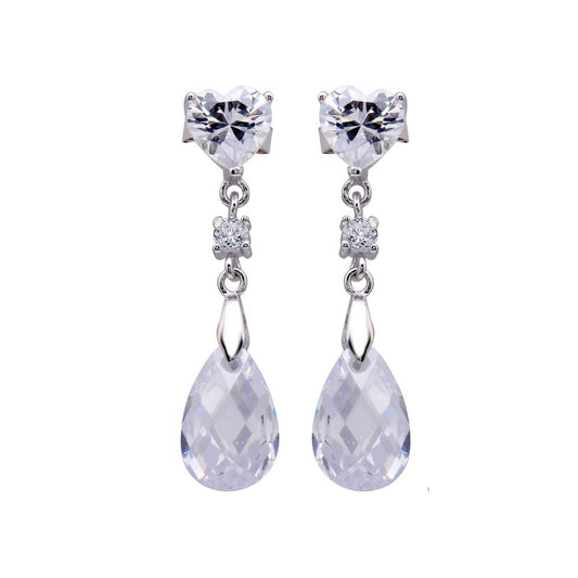 Silver 925 Rhodium Plated Heart and Teardrop CZ Dangling Stud Earrings - STE00442 | Silver Palace Inc.