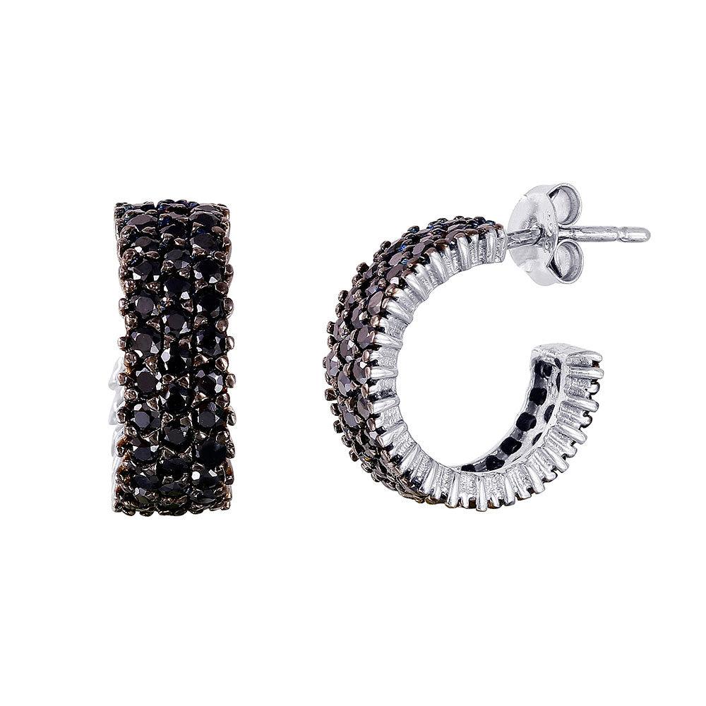 Silver 925 Rhodium Plated Pave Black CZ huggie hoop Earrings - STE00516BLK | Silver Palace Inc.